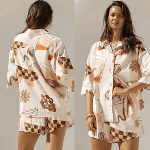 The Lullaby Club Posey Lounge 3/4 Sleeve Button Down Linen Blend Shirt Small